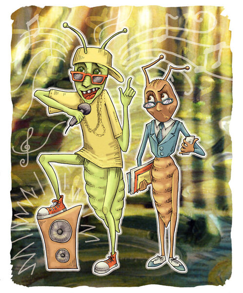 Ant and grasshopper. Hand drawn illustration digitally colored