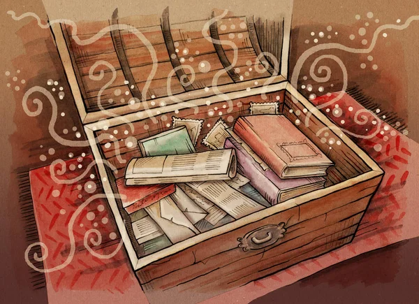 Sihirli göğüs. Eski kitaplar, Gazeteler ve fotoğrafları ile açık göğüs. Çizilen illüstrasyon dijital renkli el