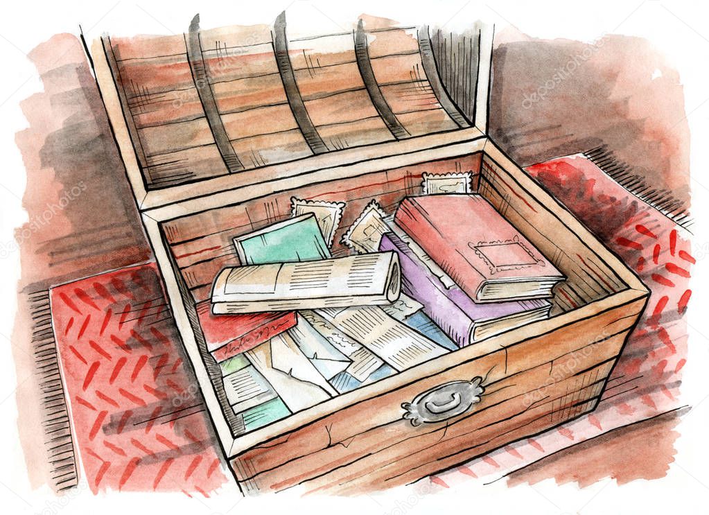 Magic chest. Open chest with old books, newspapers and photos. Hand drawn illustration. Watercolor painting