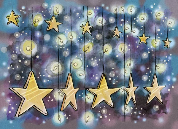 New Year Decoration Hanging Stars Light Bulbs Hand Drawn Illustration — Stock Photo, Image