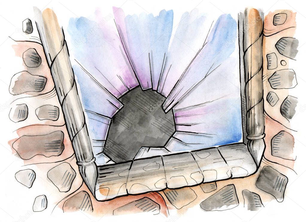 Broken window. Old window on historical building with stone wall. Hand drawn illustration. Watercolor painting