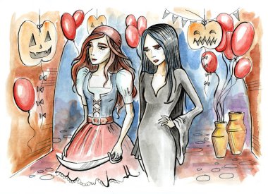 Cadılar Bayramı maskeli balo. İki genç kız kostüm topu için hazırlanmış. Elle çizilmiş şekil. Suluboya resim