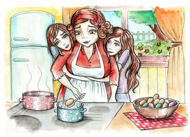 İkiz kızları annesiyle. Paskalya yumurta hazırlık. Mutfak sahnesi. Elle çizilmiş şekil. Suluboya resim