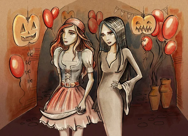 Enmascarada Halloween Dos Adolescentes Preparadas Para Baile Disfraces Ilustración Dibujada —  Fotos de Stock