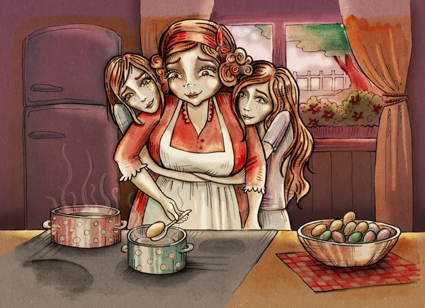 Mother with twin daughters. Easter eggs preparation. Kitchen scene. Hand drawn illustration digitally colored