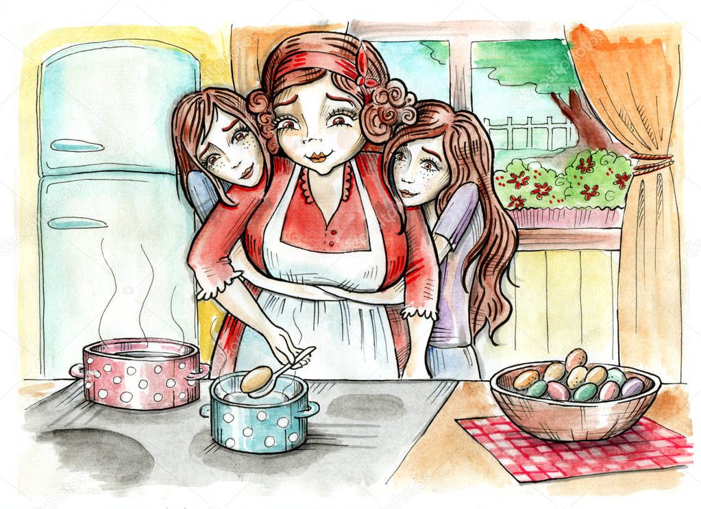 Mother with twin daughters. Easter eggs preparation. Kitchen scene. Hand drawn illustration. Watercolor painting