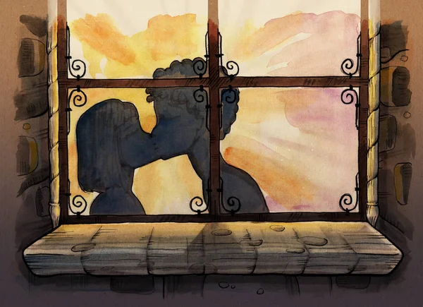 Küssende Pärchensilhouette Durch Das Fenster Handgezeichnete Illustration Digital Gefärbt — Stockfoto