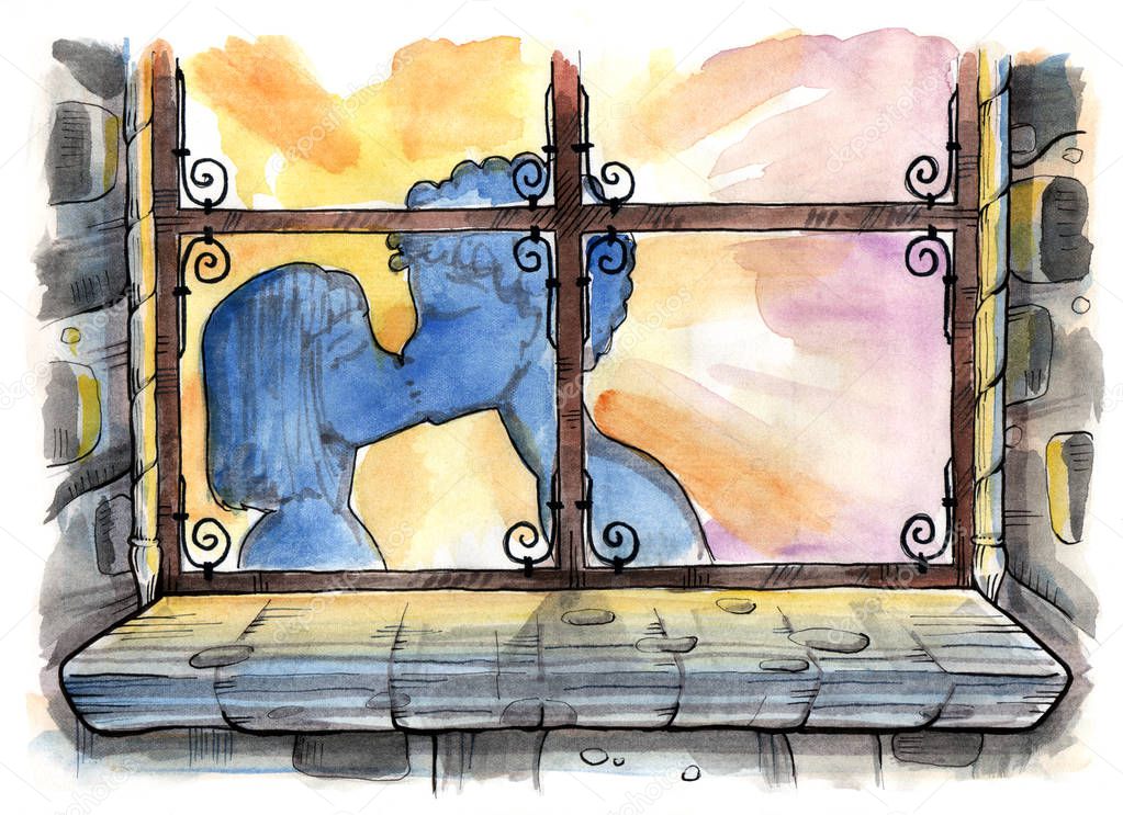 Kissing couple silhouette. Through the window. Hand drawn illustration. Watercolor painting