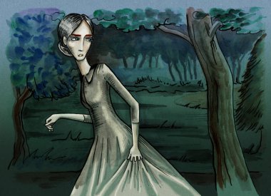 Karanlık kadın orman gizlice. Gece sahne. Çizilen illüstrasyon dijital renkli el