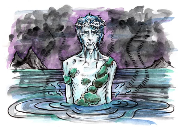 Aquarius Old Water Spirit Lake Hand Drawn Illustration Watercolor Painting — Stock Photo, Image