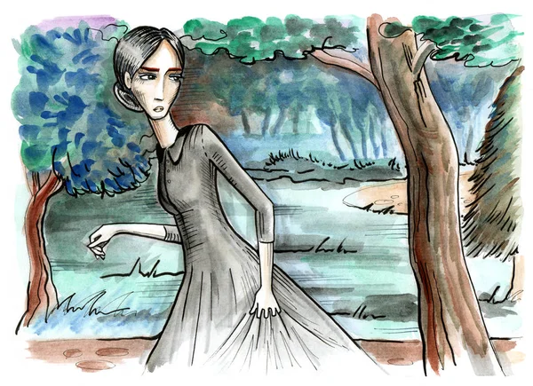 Dark Woman Sneaking Forest Night Scene Hand Drawn Illustration Watercolor Stock Photo