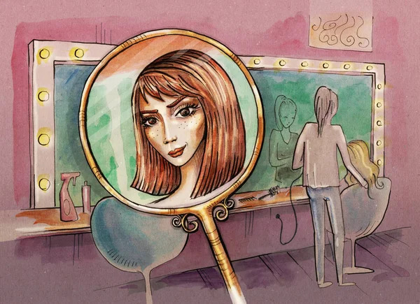 Rapariga Olhar Para Espelho Cena Salão Cabeleireiro Ilustração Desenhada Mão — Fotografia de Stock