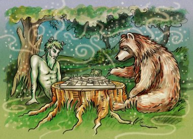 Satranç oyunu. Ayı ve ahşap satranç centaur. Çizilen illüstrasyon dijital renkli el