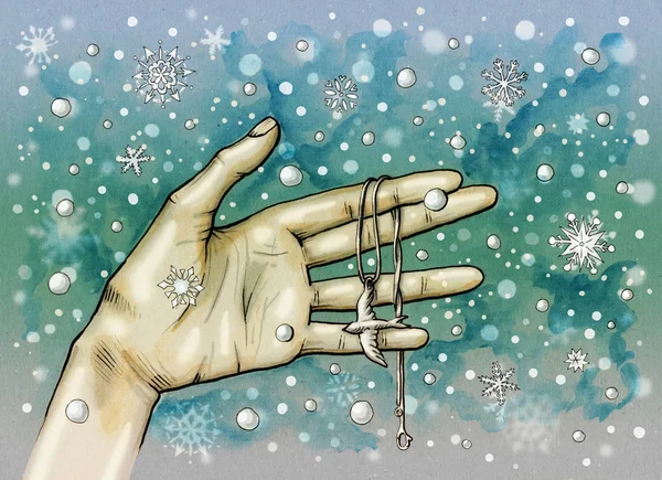 Female hand holding a necklace with a bird pendant on it. Snowflakes background. Hand drawn illustration digitally colored