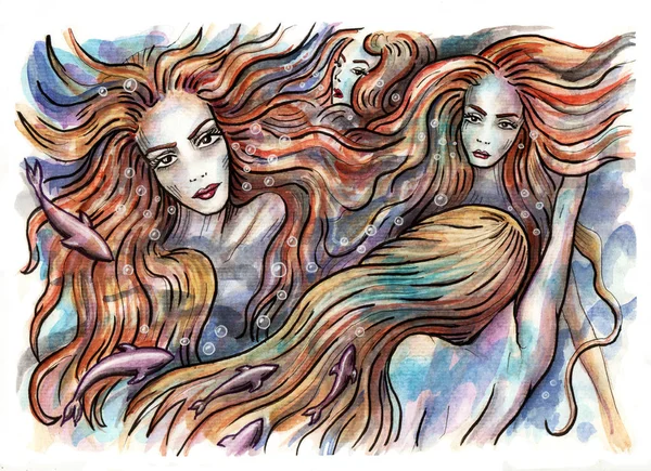 Mermaids Mermaids Swimming Underwater Hand Drawn Illustration Watercolor Painting — Stock Photo, Image