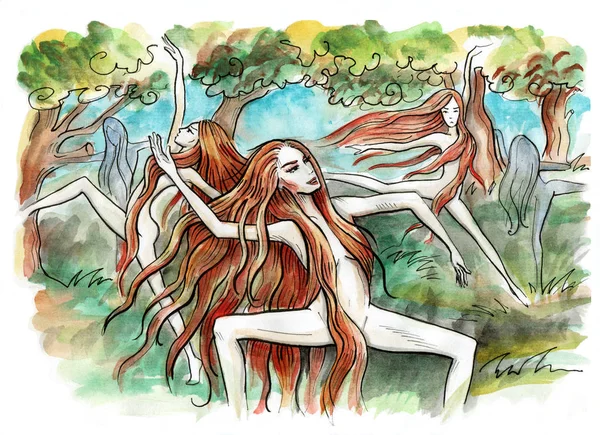 Nimfen Forest Nimfen Dansen Hand Getekende Illustratie Aquarel Schilderij — Stockfoto