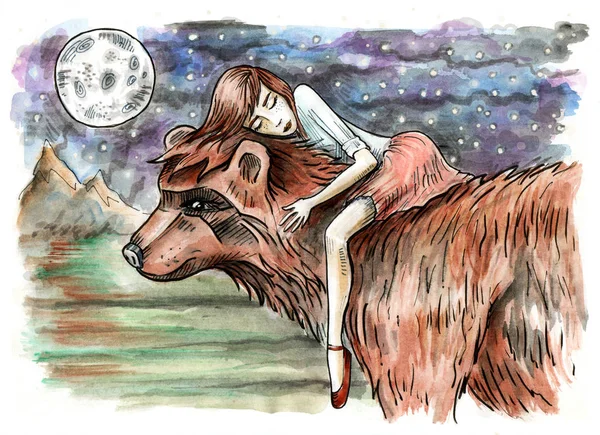 Lille Pige Sover Bjørn Fantastiske Nattescene Håndtegnet Illustration Akvarel Maleri - Stock-foto