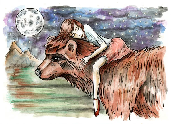 Ragazzina Che Dorme Orso Scena Notturna Fantasy Illustrazione Disegnata Mano — Foto Stock