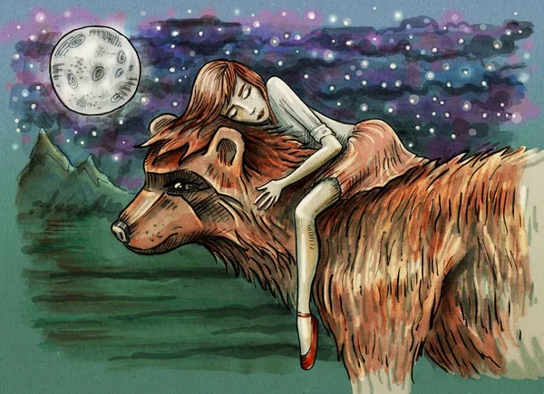 Menina Dormindo Urso Cena Noite Fantasia Ilustração Desenhada Mão Digitalmente — Fotografia de Stock
