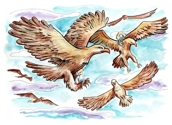 Eagles Flying Sky Fantasy Scene Hand Drawn Illustration Watercolor Painting — Stock Photo, Image