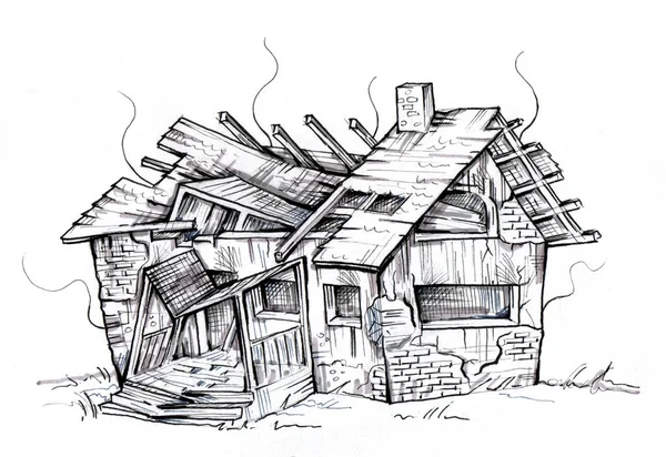 Old Ruined House Destroyed Fire Black White Drawing Isolated White Stock Picture