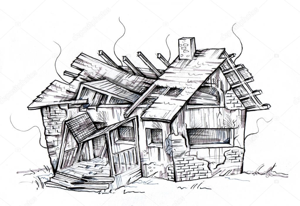 Vieja casa arruinada. Destruido por el fuego. Dibujo blanco y negro