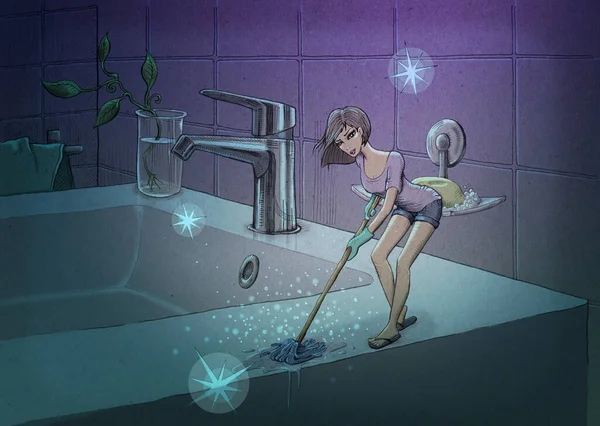 Vergine Piccola Ragazza Lavabo Pulizia Bagno Illustrazione Disegnata Mano Colorata — Foto Stock