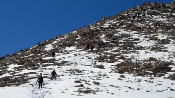 Fáradt csoport hegymászók leszármazottja a hó hegy a téli napon. Hosszúhajtás — Stock videók