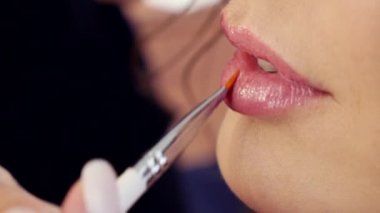 Woman applying lipstick. Young model putting on makeup, color lips