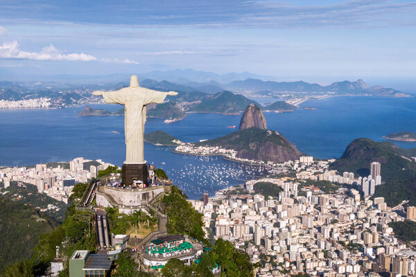 Aerial view of Christ the Redeemer and Sugarloaf Mountain, Rio de Janeiro, Brazil.