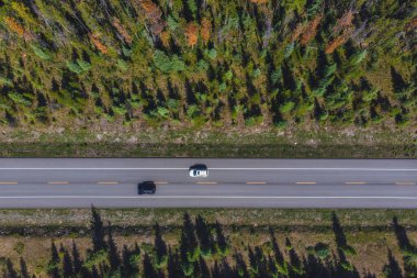 Top-down aerial view of vehicles on Icefields Parkway highway between Banff and Jasper National Parks during summer in Alberta, Canada. 