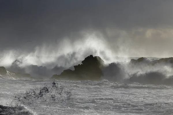 Spray Van Zee Bij Zonsondergang Noordelijke Portugese Rotsachtige Kust — Stockfoto