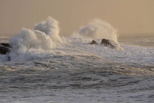 夕暮れ時の大きな嵐波スプラッシュ — ストック写真
