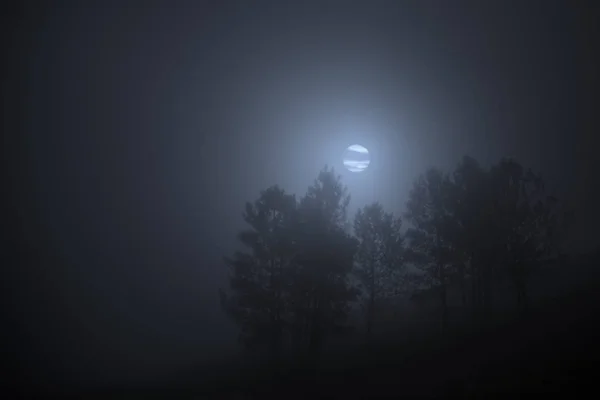 Foggy Creepy Full Moon Night Mountains Added Some Digital Noise — Stock Photo, Image