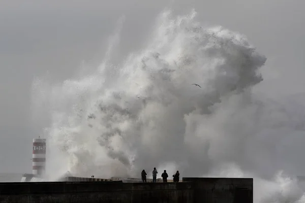 Turisti Spericolati Che Osservano Fotografano Grandi Onde Del Fiume Douro — Foto Stock