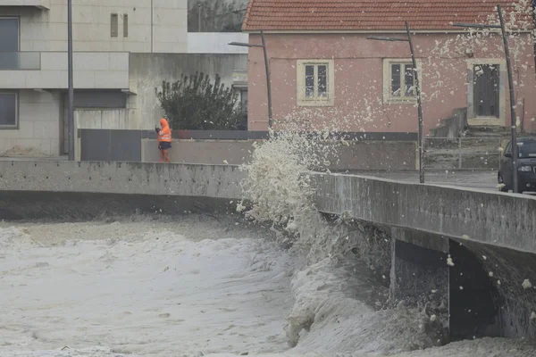 Sea Foam Blown Stormy Day Portuguese Coast — Stock Photo, Image