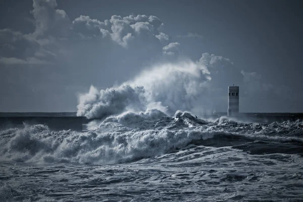 Balise Jetée Sud Embouchure Fleuve Douro Sous Une Forte Tempête — Photo