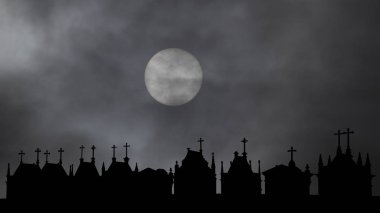 Siyah ve beyaz manzarası bir bulutlu dolunay gece eski bir Eurpean Mezarlığı