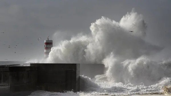 Stora Stormigt Hav Våg Stänk Över Piren Och Beacon — Stockfoto