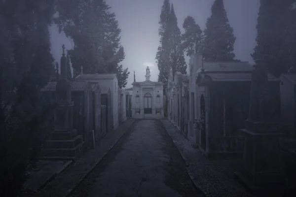 Old european cemetery street in a creepy foggy full moon night