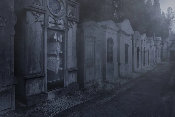 Antiguo Cementerio Europeo Luz Luna Una Noche Niebla — Foto de Stock