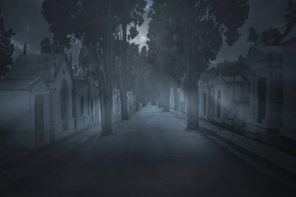 Old European Cemetery Main Street Misty Overcast Full Moon Night — Stock Photo, Image