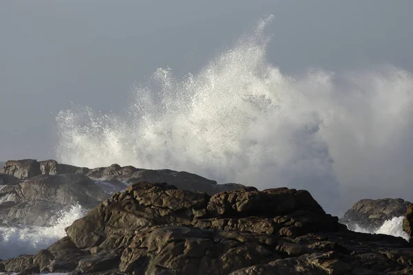 Grande Onda Mar Salpicos Contra Falésias Costa Norte Portugal — Fotografia de Stock