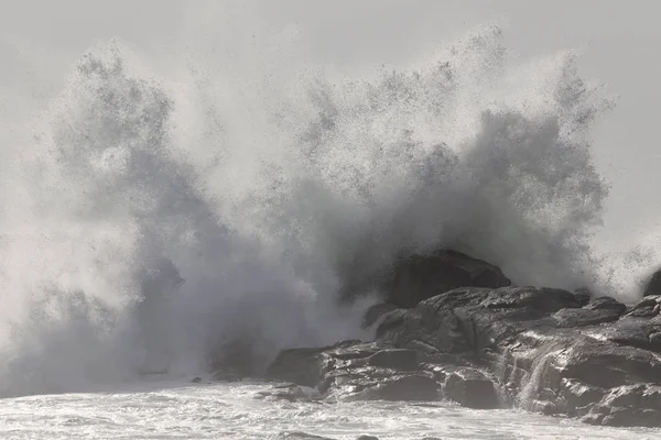 Большая Волна Против Брызг Камней Мягкая Подсветка Северное Побережье Португалии — стоковое фото