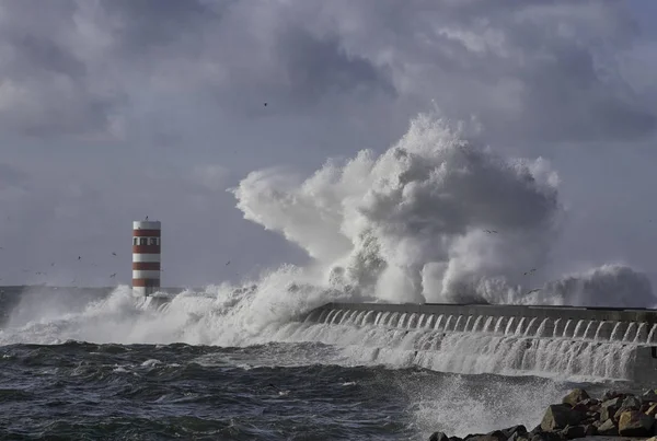 Enorme Onda Mar Tempestuoso Respingo Sobre Cais Farol Closeup — Fotografia de Stock