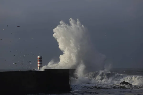 Grandi Onde Del Mare Schizzano Contro Cielo Piovoso Molo Faro — Foto Stock