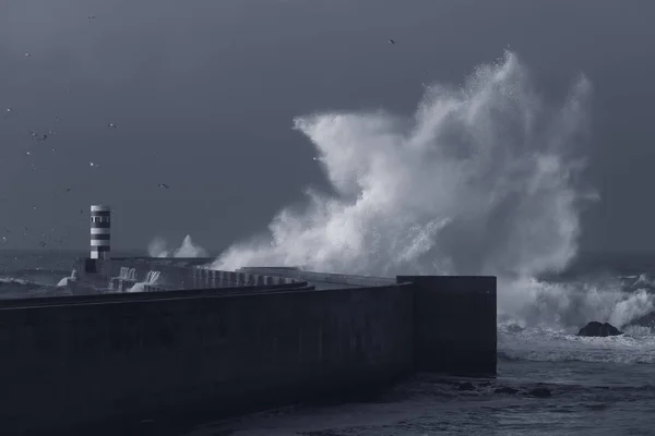 Huge wave splash. Douro river mouth north pier and beacon.