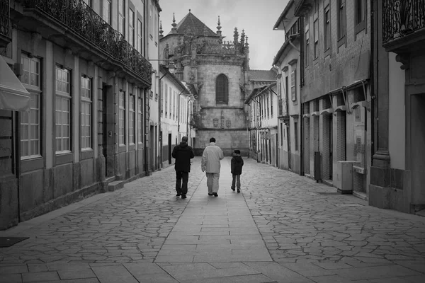 Régi Braga Street Északra Portugália Esti Órákban Átalakított Fekete Fehér — Stock Fotó