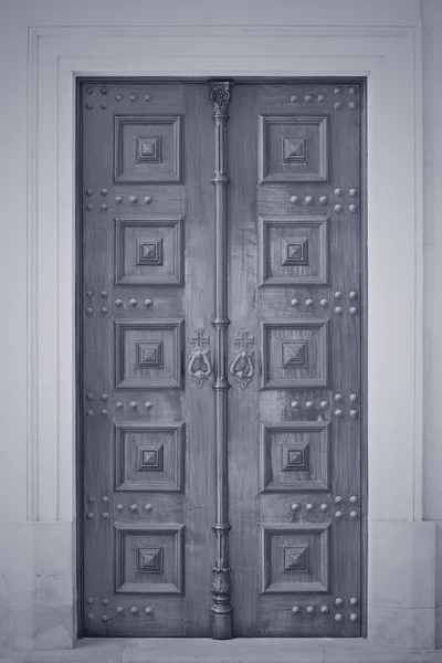 Wooden Old Catholic Church Door Converted Black White Toned Blue — Stock Photo, Image