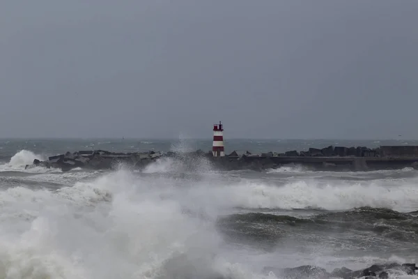 Storm Aan Ingang Van Haven Van Povoa Varzim Ten Noorden — Stockfoto